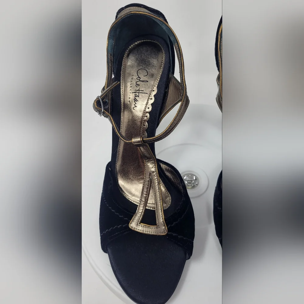 Cole Haan Black Velvet & Brassy Gold Open Toe Stilletto T-Strap Heels - Picture 2 of 16
